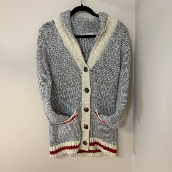 Bluenotes Cabin Sock Monkey Style Button Up Cardigan Sweater Grey & Red Stripes - Picture 4 of 6